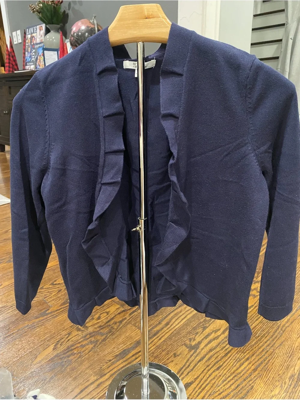 89th & Madison Navy Ruffle-Front Open Cardigan Jacket - Picture 1 of 4